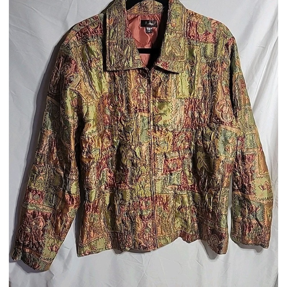 Vintage Coat Womens Xl Metallic Brocade Jacket Textured Button Zipper Multicolor
